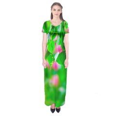 Green Birch Leaves, Pink Flowers Short Sleeve Maxi Dress