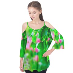 Green Birch Leaves, Pink Flowers Flutter Tees