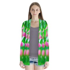 Green Birch Leaves, Pink Flowers Drape Collar Cardigan