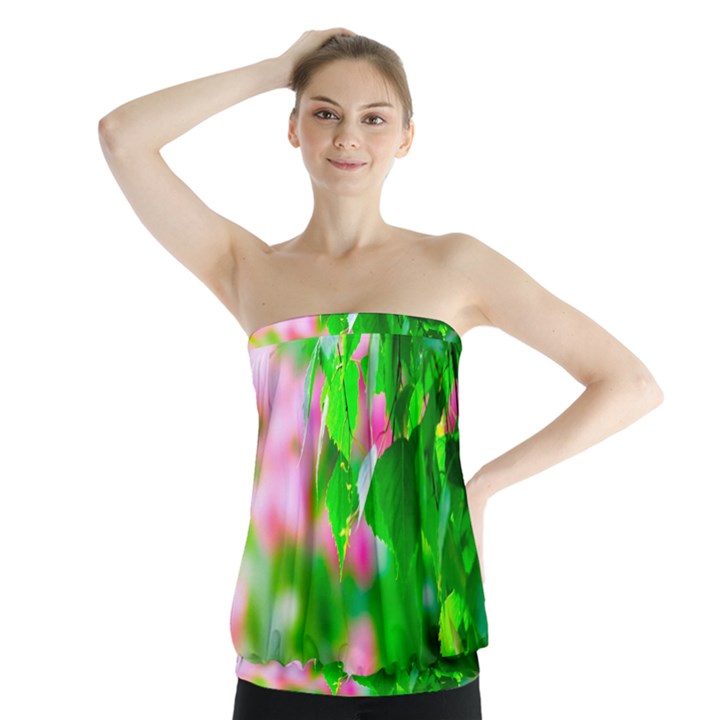 Green Birch Leaves, Pink Flowers Strapless Top