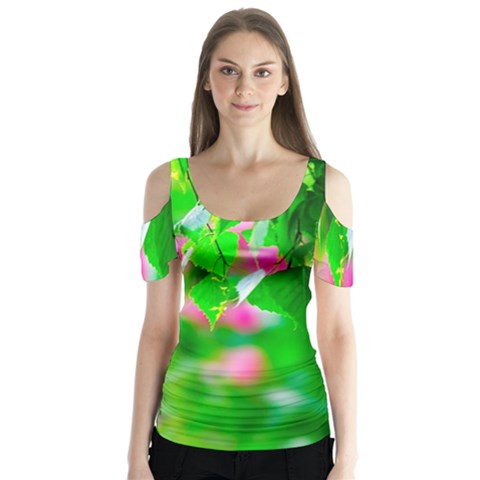 Green Birch Leaves, Pink Flowers Butterfly Sleeve Cutout Tee  by FunnyCow