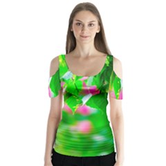 Green Birch Leaves, Pink Flowers Butterfly Sleeve Cutout Tee 