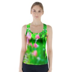 Green Birch Leaves, Pink Flowers Racer Back Sports Top by FunnyCow