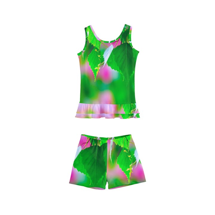 Green Birch Leaves, Pink Flowers Kid s Boyleg Swimsuit