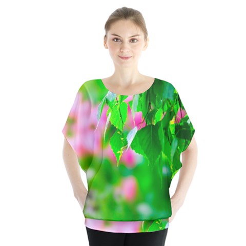 Green Birch Leaves, Pink Flowers Blouse by FunnyCow