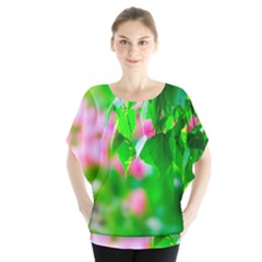 Green Birch Leaves, Pink Flowers Blouse