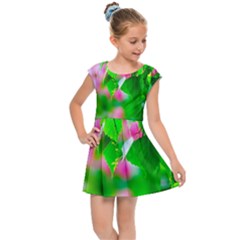 Green Birch Leaves, Pink Flowers Kids Cap Sleeve Dress