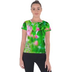 Green Birch Leaves, Pink Flowers Short Sleeve Sports Top 