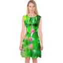 Green Birch Leaves, Pink Flowers Capsleeve Midi Dress View1