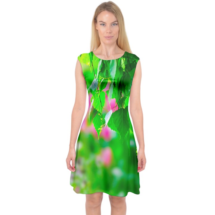 Green Birch Leaves, Pink Flowers Capsleeve Midi Dress