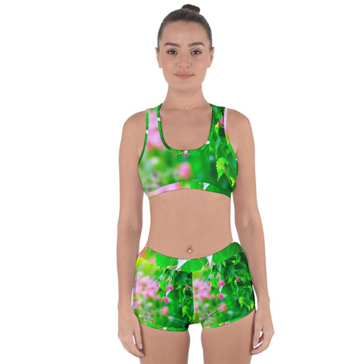 Green Birch Leaves, Pink Flowers Racerback Boyleg Bikini Set