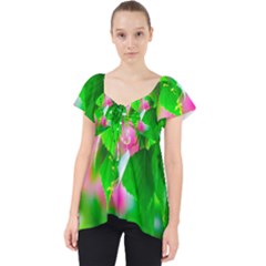 Green Birch Leaves, Pink Flowers Lace Front Dolly Top