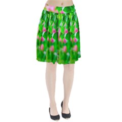 Green Birch Leaves, Pink Flowers Pleated Skirt