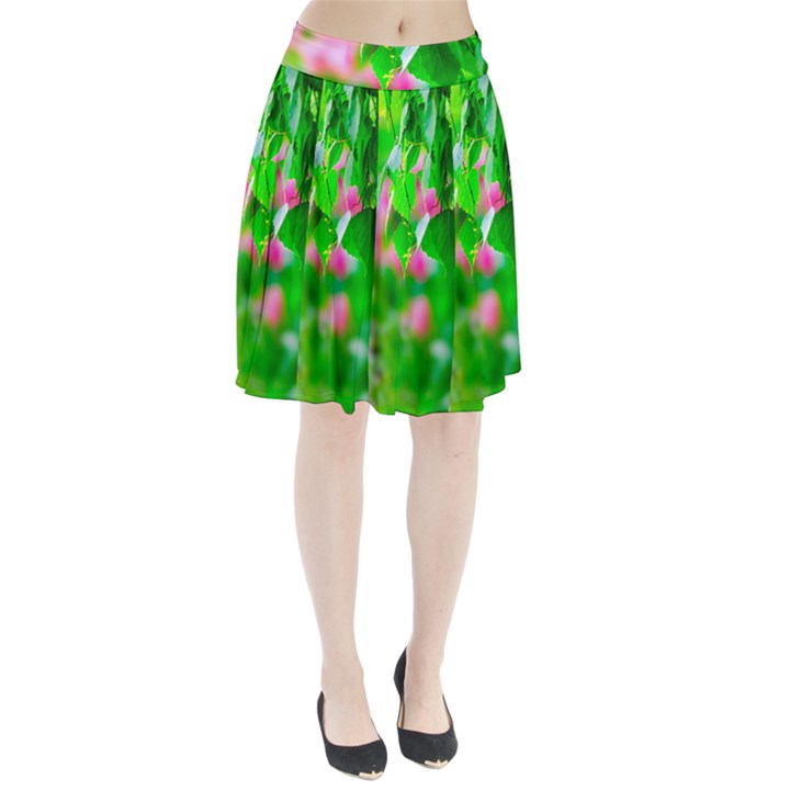 Green Birch Leaves, Pink Flowers Pleated Skirt