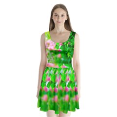 Green Birch Leaves, Pink Flowers Split Back Mini Dress 