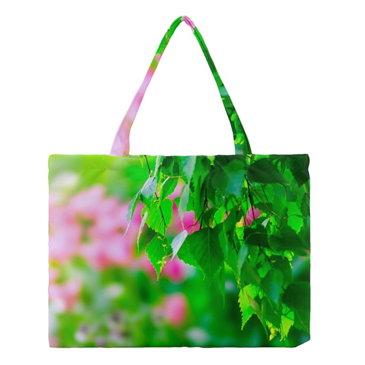 Green Birch Leaves, Pink Flowers Medium Tote Bag