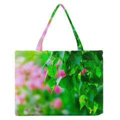 Green Birch Leaves, Pink Flowers Zipper Medium Tote Bag