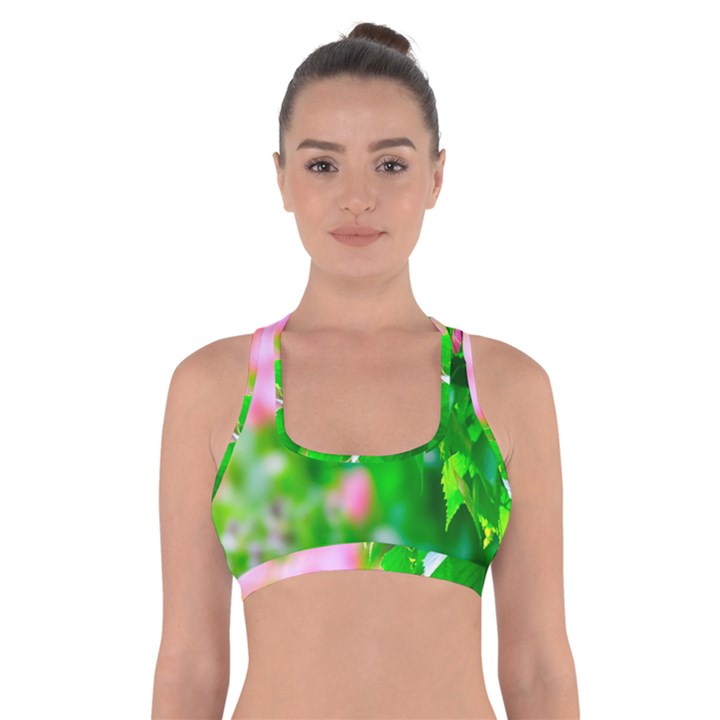 Green Birch Leaves, Pink Flowers Cross Back Sports Bra