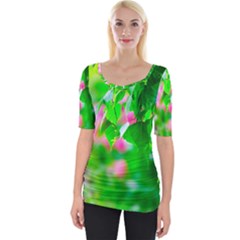 Green Birch Leaves, Pink Flowers Wide Neckline Tee