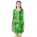 Green Birch Leaves, Pink Flowers Long Sleeve V-neck Flare Dress View1