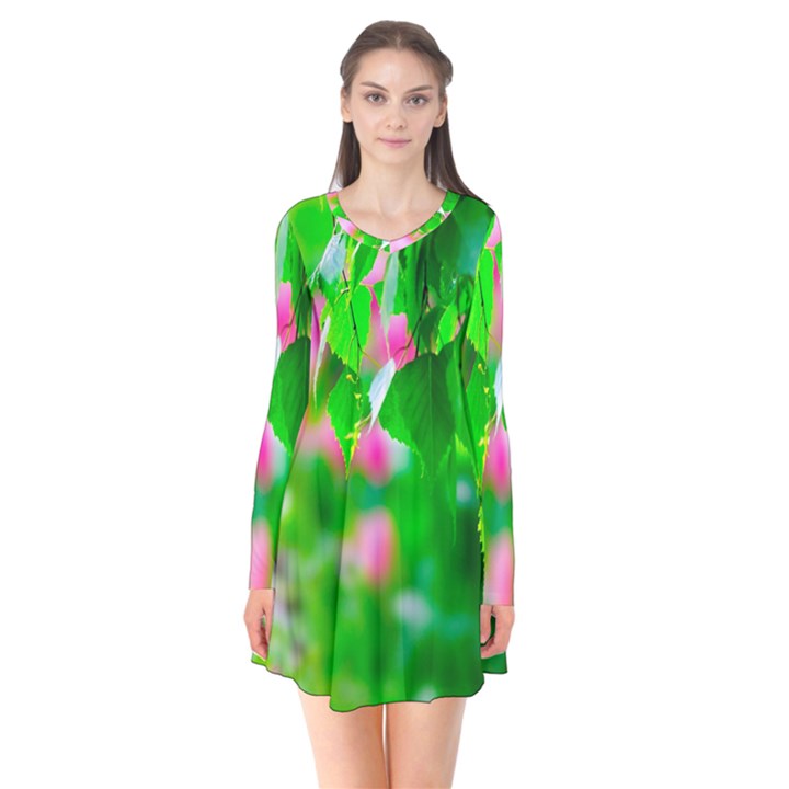 Green Birch Leaves, Pink Flowers Long Sleeve V-neck Flare Dress