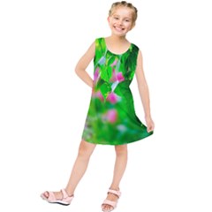 Green Birch Leaves, Pink Flowers Kids  Tunic Dress by FunnyCow