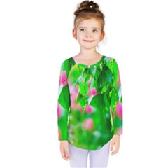 Green Birch Leaves, Pink Flowers Kids  Long Sleeve Tee