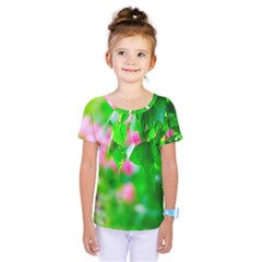 Green Birch Leaves, Pink Flowers Kids  One Piece Tee