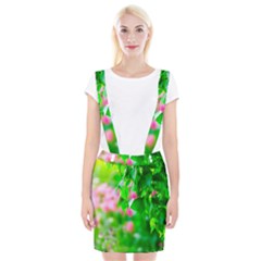 Green Birch Leaves, Pink Flowers Braces Suspender Skirt by FunnyCow