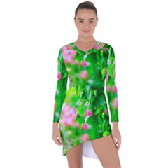 Green Birch Leaves, Pink Flowers Asymmetric Cut-Out Shift Dress