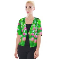 Green Birch Leaves, Pink Flowers Cropped Button Cardigan