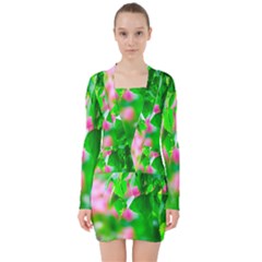 Green Birch Leaves, Pink Flowers V-neck Bodycon Long Sleeve Dress