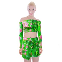 Green Birch Leaves, Pink Flowers Off Shoulder Top With Mini Skirt Set by FunnyCow