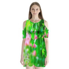 Green Birch Leaves, Pink Flowers Shoulder Cutout Velvet One Piece