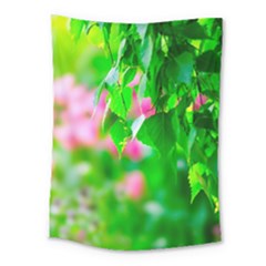 Green Birch Leaves, Pink Flowers Medium Tapestry