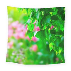 Green Birch Leaves, Pink Flowers Square Tapestry (Large)