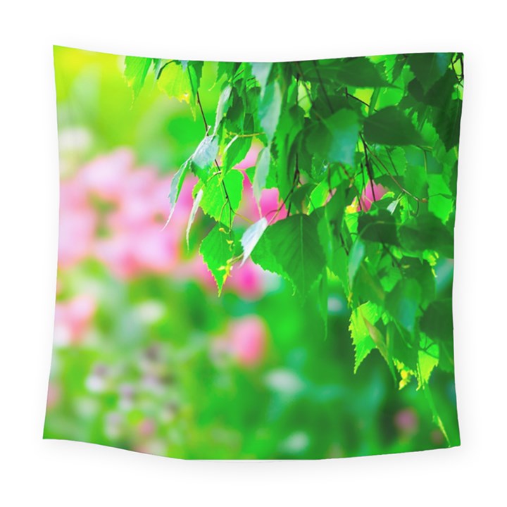 Green Birch Leaves, Pink Flowers Square Tapestry (Large)