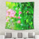 Green Birch Leaves, Pink Flowers Square Tapestry (Large) View2