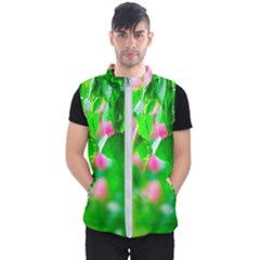 Green Birch Leaves, Pink Flowers Men s Puffer Vest