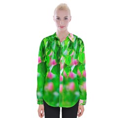 Green Birch Leaves, Pink Flowers Womens Long Sleeve Shirt