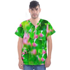 Green Birch Leaves, Pink Flowers Men s V-Neck Scrub Top