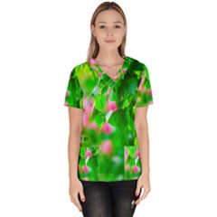 Green Birch Leaves, Pink Flowers Scrub Top