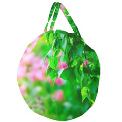 Green Birch Leaves, Pink Flowers Giant Round Zipper Tote