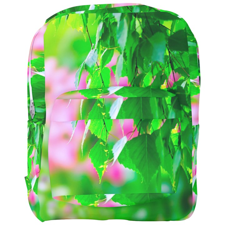 Green Birch Leaves, Pink Flowers Full Print Backpack