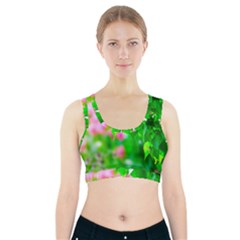 Green Birch Leaves, Pink Flowers Sports Bra With Pocket