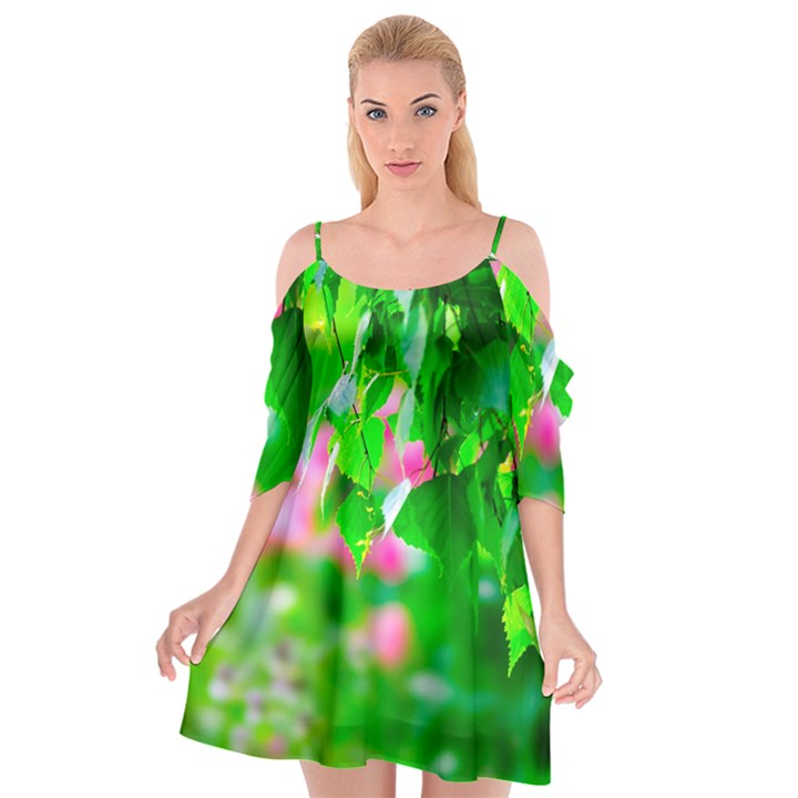 Green Birch Leaves, Pink Flowers Cutout Spaghetti Strap Chiffon Dress