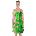 Green Birch Leaves, Pink Flowers Ruffle Detail Chiffon Dress View1