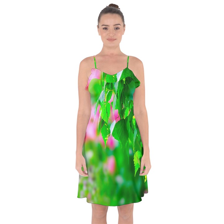 Green Birch Leaves, Pink Flowers Ruffle Detail Chiffon Dress