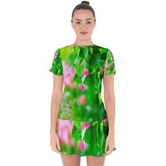 Green Birch Leaves, Pink Flowers Drop Hem Mini Chiffon Dress