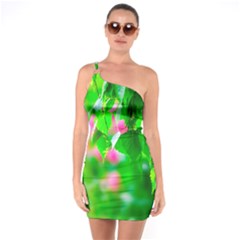 Green Birch Leaves, Pink Flowers One Soulder Bodycon Dress